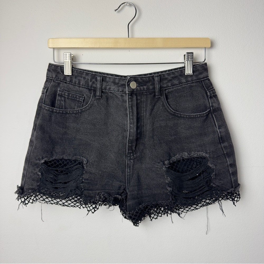 Fashion Nova Distressed Denim Shorts Fishnet Detail Black High Rise Size S